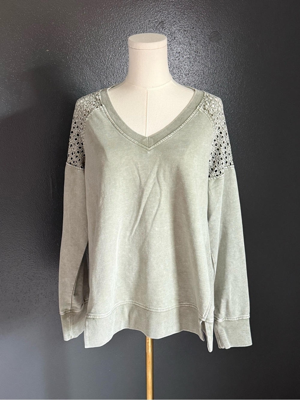 Eyelet Embroidered Shoulder V-Neck Pullover Sweatshirt - Sage Green